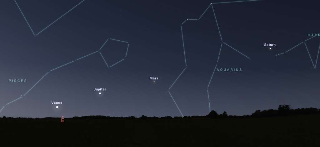 Les planètes alignées dans le ciel avant l'aube vers le 10 mai. © Stellarium