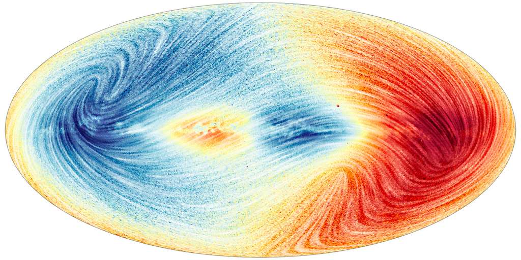 La Voie lactée en mouvement vue par Gaia (3D). Le 3e catalogue de données Gaia de l’ESA nous montre la vitesse à laquelle plus de 30 millions d’étoiles de la Voie lactée se rapprochent ou s’éloignent de nous. C’est ce qu’on appelle la « vitesse radiale » et elle fournit la troisième dimension de la vitesse sur la carte Gaia de notre galaxie. Avec les mouvements propres des étoiles (mouvement sur le plan du ciel), nous pouvons maintenant voir comment les étoiles se déplacent sur une grande partie de la Voie lactée. Cette carte du ciel montre le champ de vitesse pour environ 26 millions d’étoiles de la Voie lactée. Les couleurs représentent les vitesses radiales des étoiles le long de la ligne de visée. Le bleu indique les parties du ciel où le mouvement moyen des étoiles se fait vers nous et le rouge montre les régions où le mouvement moyen s’éloigne de nous. Les lignes visibles sur la figure tracent le mouvement des étoiles projetées sur le ciel (mouvement propre). Ces lignes montrent comment la direction de la vitesse des étoiles varie selon la latitude et la longitude galactiques. Les grands et petits Nuages de Magellan (LMC et SMC) ne sont pas visibles car seules des étoiles avec des distances bien définies ont été sélectionnées pour réaliser cette image. © ESA, Gaia, DPAC, CC by-sa 3.0 IGO 