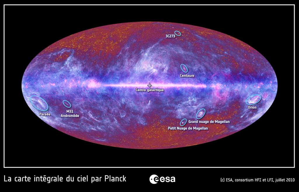 Carte intégrale du ciel obtenue avec le satellite Planck de l’ESA. Sur cette carte, des objets extragalactiques détectés par Planck sont signalés ainsi que la nébuleuse d’Orion dans notre Galaxie.© ESA, HFI & LFI Consortia
