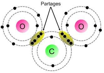Les liaisons entre un atome de carbone (C) et deux atomes d’oxygène (O) dans une molécule de dioxyde de carbone (CO2) sont des liaisons intraméloculaires de type covalente. © alloprof.qc.ca