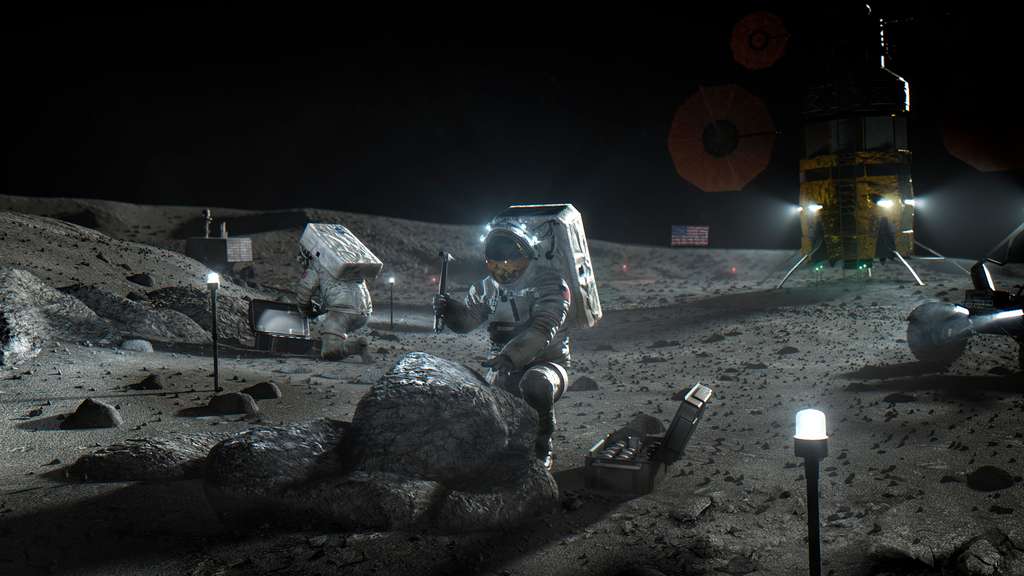 Vue d'artiste de deux astronautes de la Nasa en activité sur la Lune. © Nasa