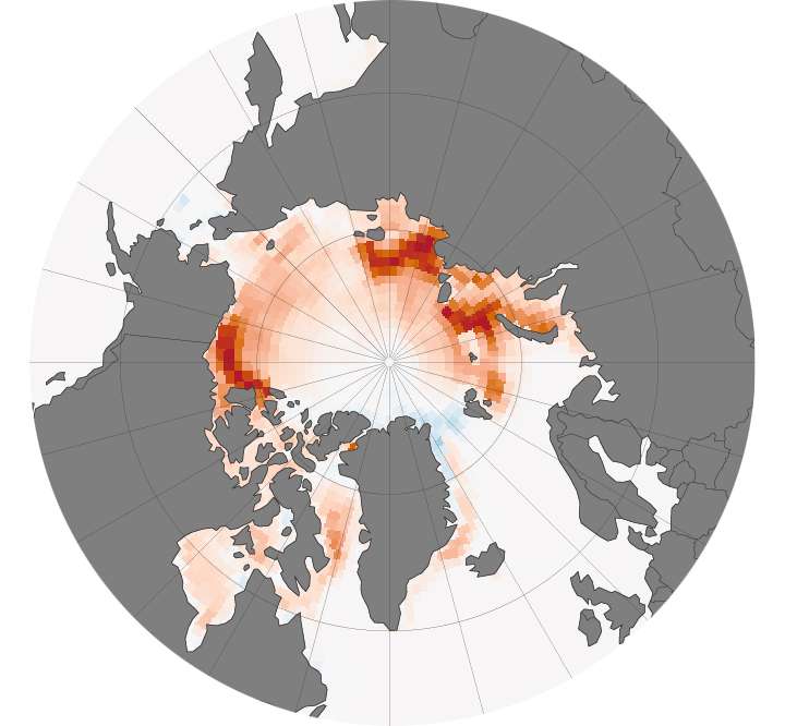 Sur cette carte de l’Arctique, les zones marquées en rouge sont les plus affectées par une diminution des glaces de mer. © Nasa
