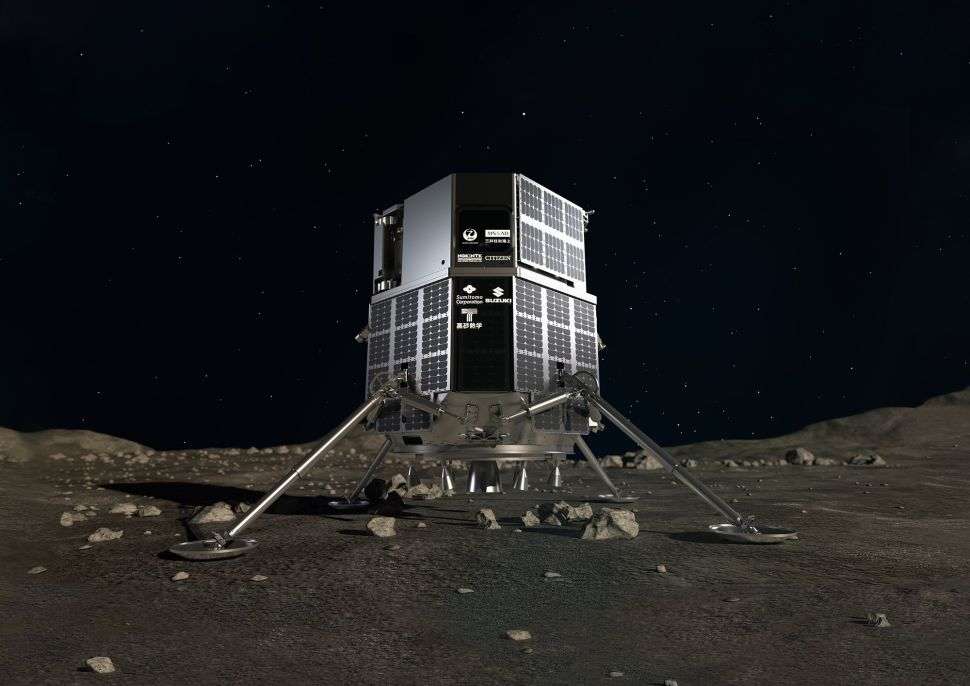 Modélisation de l'alunisseur imaginé par iSpace. Il devrait arriver sur la Lune à la fin de l'année 2022 et déposera sur le sol le robot Sora-Q. © ispace