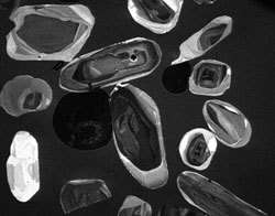 Zircons de deux âges différents. Ici la partie noire des cristaux est datée de 1,7 Gans, on voit que cette partie est partiellement dissoute et que les cristaux on recommencé à croître, partie blanche du cristal, mais beaucoup plus tard. Cette partie est, en effet, datée de 1,2 Gans, soit 500 Ma plus tard ! Ces cristaux ont été trouvés dans des gneiss œillés. © Projet commun - Prof. Drew Coleman (University of North Carolina) and Dr. Joe Wooden (USGS) – tectonique et formation de la croûte continentale de Californie).