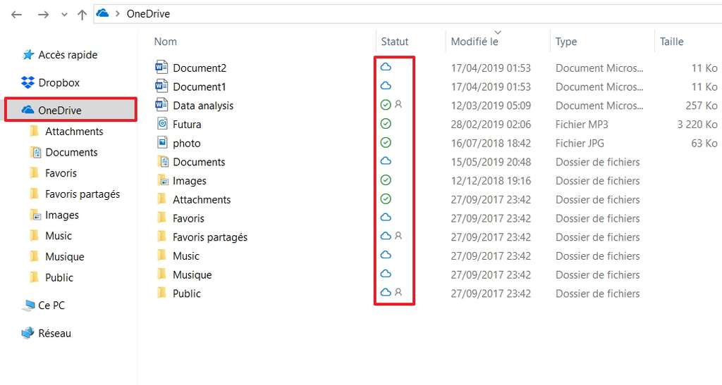 Vos fichiers stockés dans OneDrive sont visibles en un clic dans l’explorateur. © Microsoft