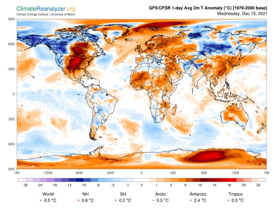 En orange et en rouge, les zones aux anomalies de températures les plus élevées, dont l'Antarctique avec 20 °C de plus que les moyennes le 15 décembre 2021. © Climate Reanalyzer