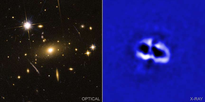 Sur la gauche, l’amas de galaxies RBS 797 observé dans le visible par Hubble et, sur la droite, la même image mais en rayons X avec Chandra. On voit des cavités dans le plasma du milieu intergalactique. © Visible : Nasa/STScl/M.Calzadilla; Rayons X; Nasa/CXC/Univ. de Bologne/F. Ubertosi