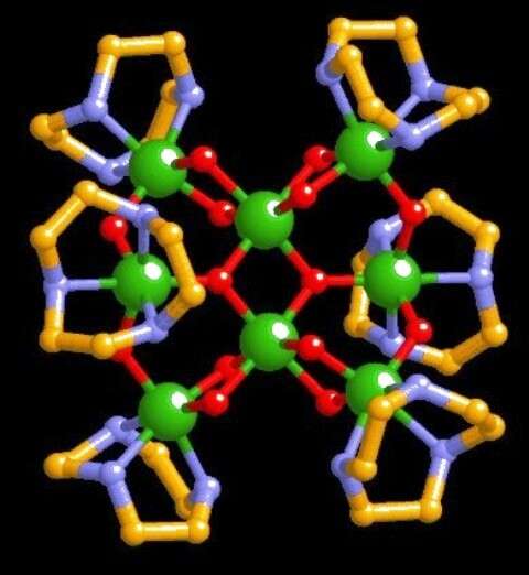La molécule magnétique Fe8 et ses ligants. En vert, les atomes de fer, en rouge ceux d'oxygène, en bleu ceux d'azote. © UniMoRe
