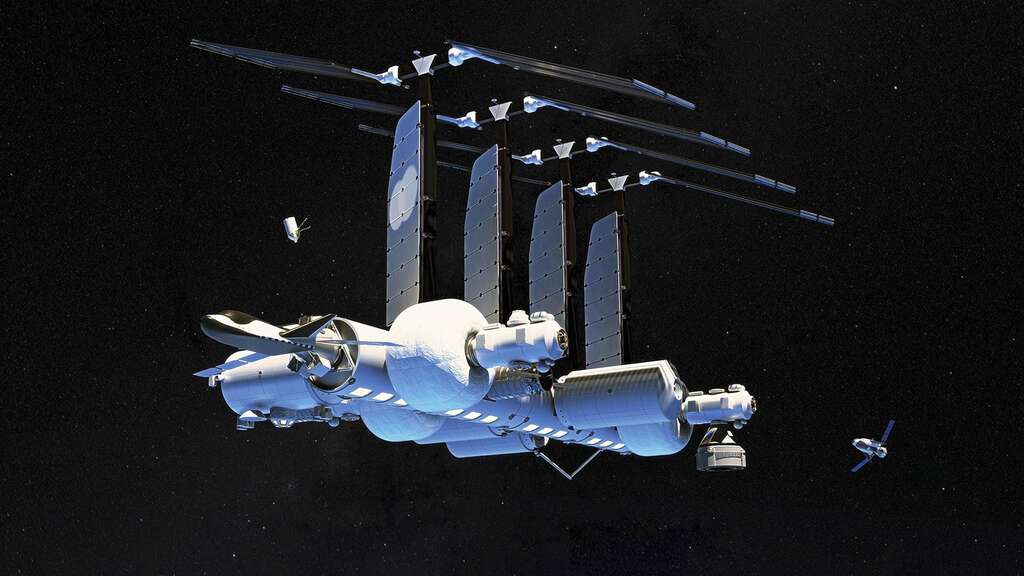 La station spatiale de Blue Origin, Sierra Space, Boeing et Redwire Space. Baptisée Orbital Reef, cette station pourrait accueillir jusqu'à 10 astronautes, et une fois entièrement assemblée elle serait aussi grande que l'ISS. © Blue Origin, Sierra Space