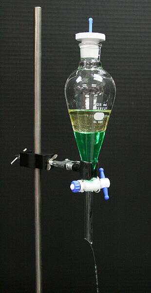 Séparation d’un mélange d’huile et d’eau colorée dans une ampoule à décanter. © PRHaney, Wikipedia, CC by-sa 3.0