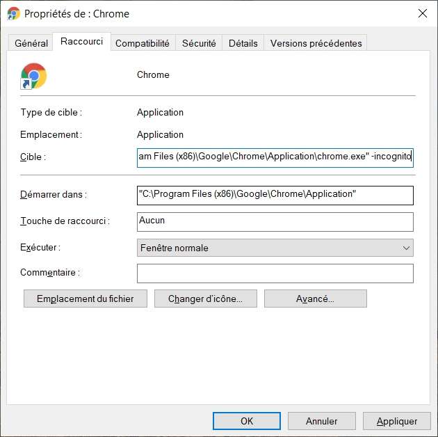 Propriétés du raccourci de Google Chrome avec le chemin modifié. © Microsoft Corporation