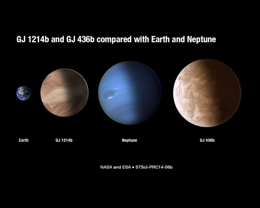 Une comparaison de la taille des exoplanètes GJ 1214b et GJ 436b, dont on a étudié plus précisément l’atmosphère avec Hubble, avec celle de la Terre et de Neptune. Leurs atmosphères sont complètement différentes de celles que l'on connaît dans le Système solaire. © Nasa, Esa, A. Feild, G. Bacon (STScI)