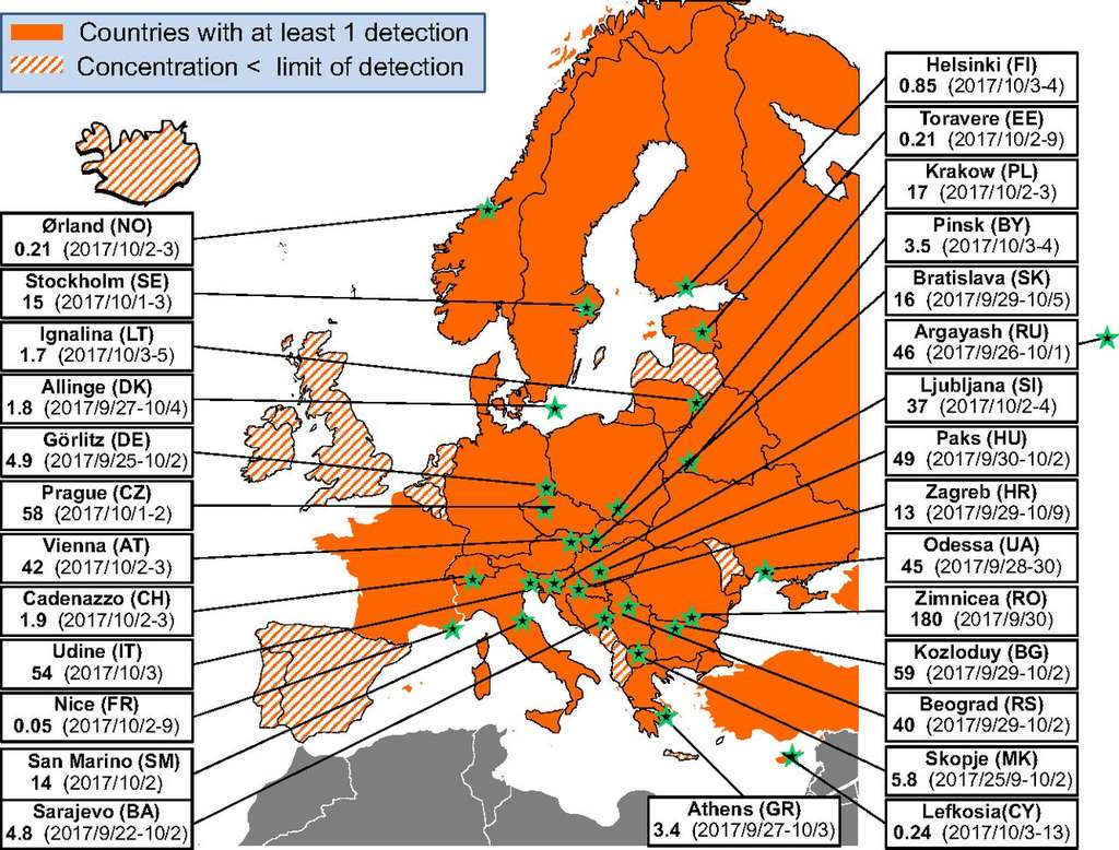 Les taux de radioactivité au ruthénium-106 (en mBq/m3) enregistrés en Europe au cours de l’automne 2017. © Olivier Masson et al, PNAS, 2019