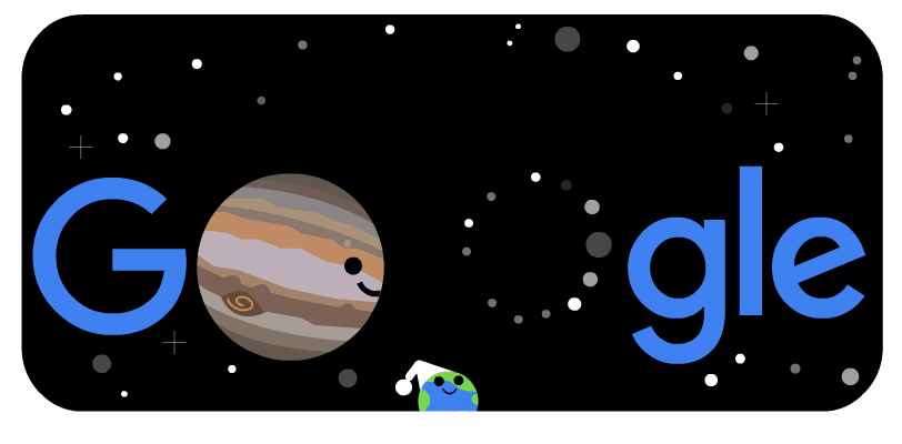 Google a publié le 21 décembre un Doodle pour célébrer la grande conjonction de Jupiter et Saturne. © Google