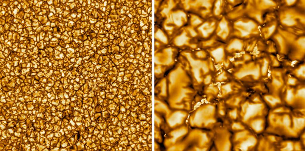 Images les plus détaillées jamais vues de la surface du Soleil. Elles ont été acquises par le télescope terrestre Daniel K. Inouye Solar Telescope (DKIST) lors de ses premières lumières. © NSO/AURA/NSF