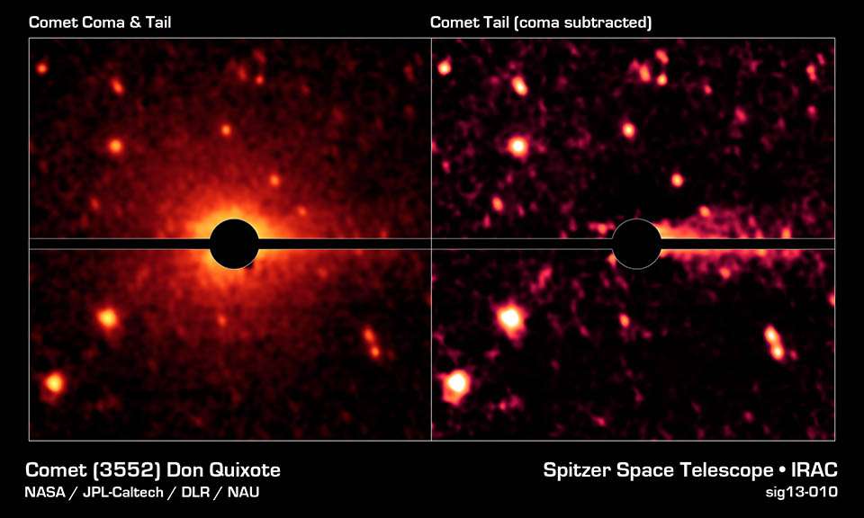 Capturée dans l’infrarouge par le télescope spatial Spitzer, on peut voir sur l’image de gauche la coma (l’atmosphère) ténue de Don Quichotte. À droite, l’image a été nettoyée afin de mettre en évidence la queue de la comète. Celle-ci est naturellement à l’opposé du Soleil. © Nasa, JPL-Caltech, NAU