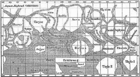 Carte de Mars et ses "canaux", dessinée par Schiaparelli en 1888