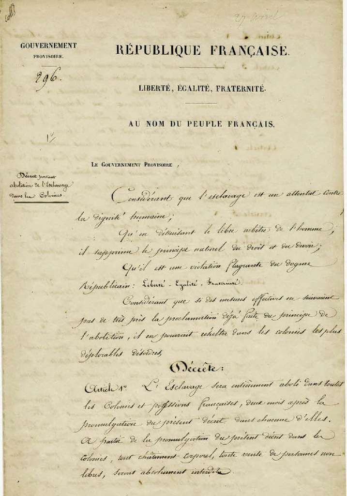 "Décret portant abolition de l'esclavage dans les colonies", 27 avril 1848, première page. Archives nationales de France, cote BB/30/1125/A/296. © Wikimedia Commons, domaine public. 