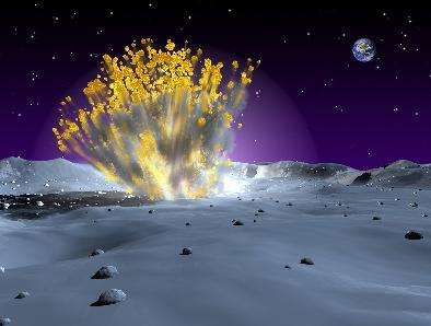Vue d'artiste d'une explosion de météorite à la surface de la Lune (Crédits : NASA/MSFC)