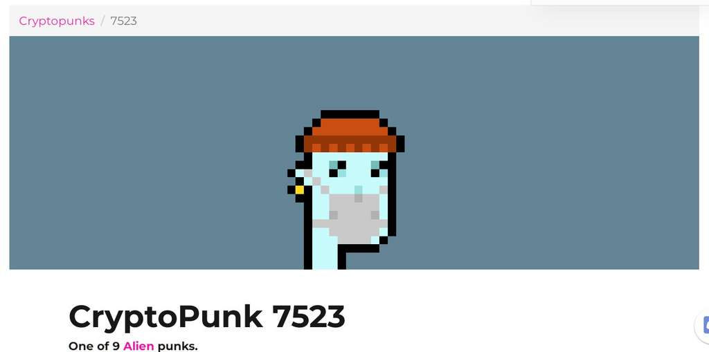 #7523 est l’un des neuf aliens punk. Il a la peau bleu-vert, une petite boucle d’oreille en or à son oreille droite et un bonnet marron sur la tête, ainsi qu’un masque médical – mais il avait été généré bien avant la pandémie. © Larva Labs