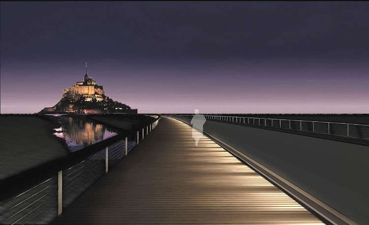 Pont-passerelle du Mont-Saint-Michel la nuit Pont-passerelle du Mont-Saint-Michel la nuit