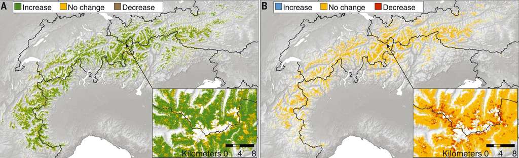 Évolution temporelle de la végétation (à gauche) et de l'enneigement (à droite) dans les Alpes européennes de 1984 à 2021. On voit que la végétation augmente (increase, en vert) et que la neige diminue (decrease, en rouge). © Rumpf et al., 2022