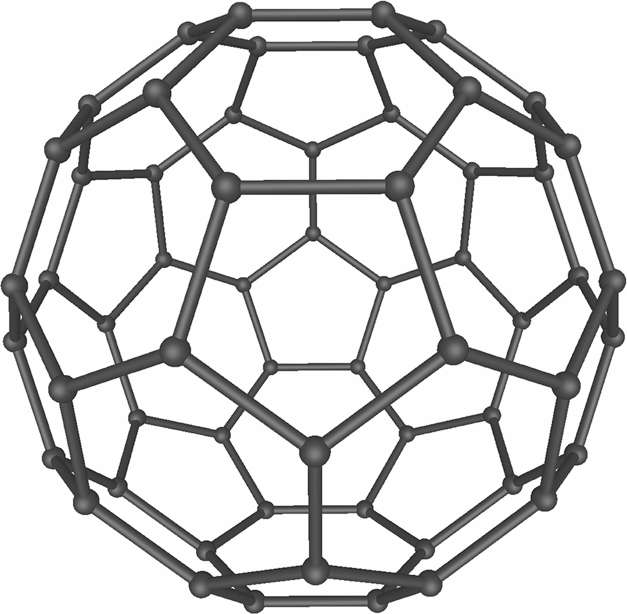 Structure du buckminsterfullerène qui pourrait être présent au centre des nouveaux cristaux de graphite identifiés dans la poussière de la météorite. © Mstroeck, Wikimedia Commons, CC by-sa 3.0
