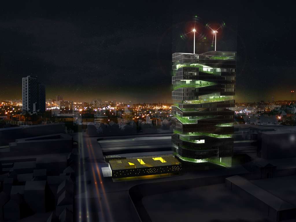 La Tour vivante, une ferme urbaine verticale, vue de nuit La Tour vivante, une ferme urbaine verticale, vue de nuit