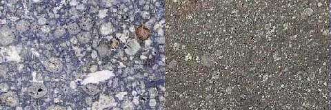 À gauche, coupe de la météorite d'Allende (CV3). À droite, une chondrite carbonée tombée dans le Sahara. Notez les nombreuses chondres (alvéoles circulaires) et les inclusions de calcium-aluminium (à gauche, les deux grandes zones les plus blanches). © DR