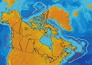 Carte du Canada et de sa zone économique exclusive de 200 milles (ligne rouge) avec la limite possible de l’extension au plateau continental (ligne blanche). © Geological Survey Canada