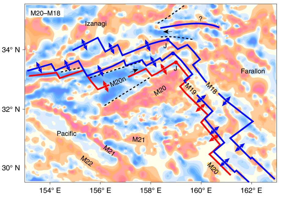Un exemple d’anomalies magnétiques positives (en rouge) et négatives (en bleu), indiquant les changements successifs de direction de champ magnétique de la dorsale au cours du temps. © William Sager et al, Nature Geoscience, 2019.