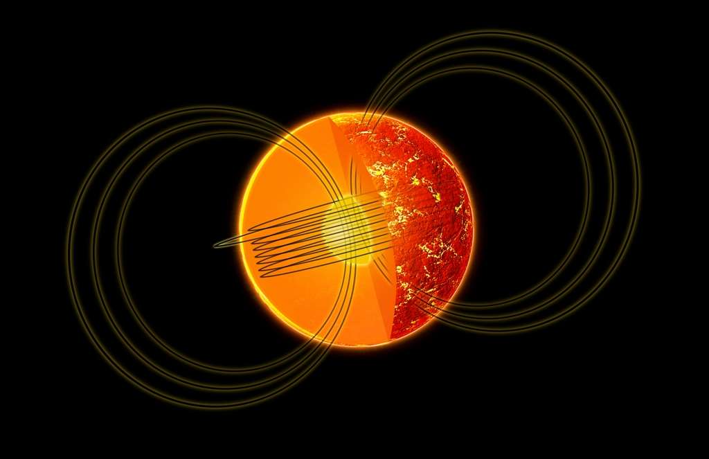 Une image d'artiste de l'étoile à neutrons SGR 0418+5729, avec ses lignes de champs magnétiques. Elle a été découverte le 5 juin 2009, lorsque le télescope spatial Fermi a détecté des bouffées de rayons gamma en provenance de cet objet. Quatre jours plus tard le Rossi X-ray Timing Explorer (RXTE) détectait des émissions de rayons X sporadiques en provenance de cette étoile à neutrons. Elles étaient accompagnées d'une émission continue de rayons X avec pulsations régulières, indiquant que l'étoile était en rotation avec une période de 9,1 secondes. Le RXTE a observé cette activité pendant une centaine de jours. Ce comportement est similaire à celui d'une classe d'étoiles à neutrons appelées magnétars. © Nasa