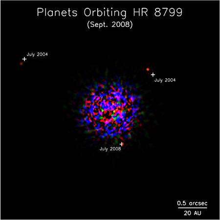 HR-8799 et son système planétaire, vu par le télescope de 8,1 mètres Gemini Nord. En bas à droite, la barre indique une distance de 20 fois celle de la Terre au Soleil, c'est-à-dire 20 Unités Astronomiques. Crédit Université de Toronto