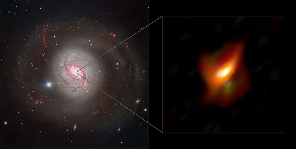 Sur l’image de gauche, figure une vue splendide de la galaxie active Messier 77, capturée au moyen de l’instrument FORS2 (FOcal Reducer and low dispersion Spectrograph 2) qui équipe le Very Large Telescope. L’image de droite présente une vue agrandie des régions centrales de cette galaxie, son noyau actif, acquise par l’instrument Matisse. © ESO, Jaffe, Gámez-Rosas et al.