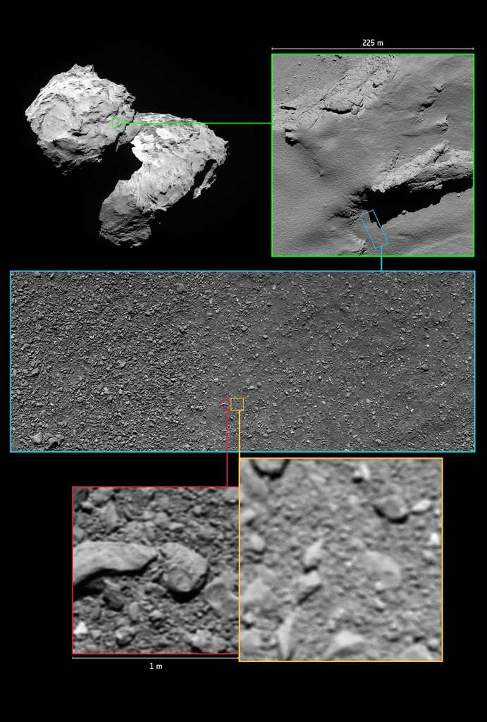 La dernière image de Rosetta (en bas à gauche) dans le contexte de la comète. © ESA, Rosetta, MPS for OSIRIS Team MPS, UPD, LAM, IAA, SSO, INTA, UPM, DASP, IDA