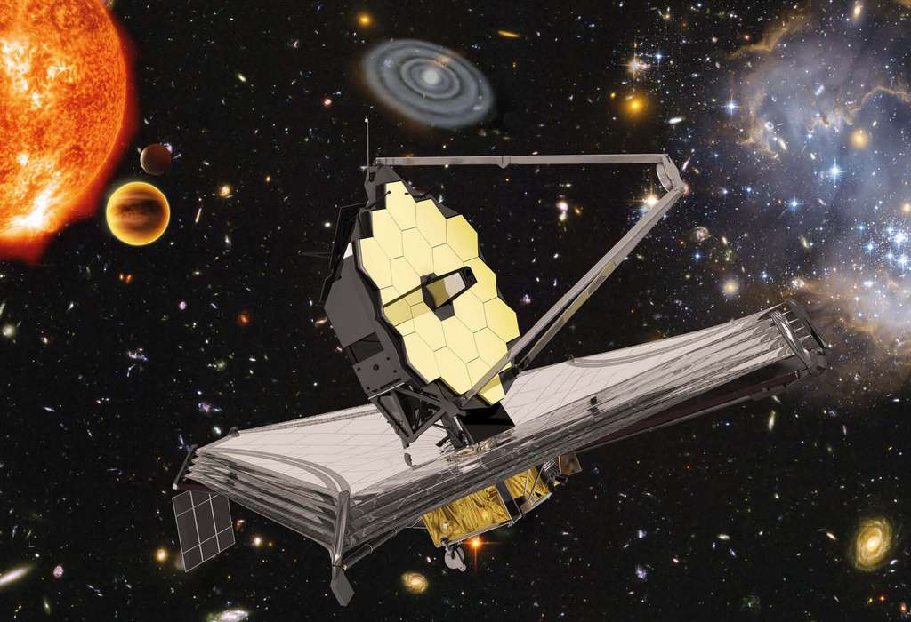 Artistieke impressie van de James Webb Telescope, wiens capaciteiten een revolutie teweeg moeten brengen in ruimteobservatie en de ontdekking van verborgen sterrenstelsels mogelijk moeten maken.  © ESA, NASA, S. Beckwith