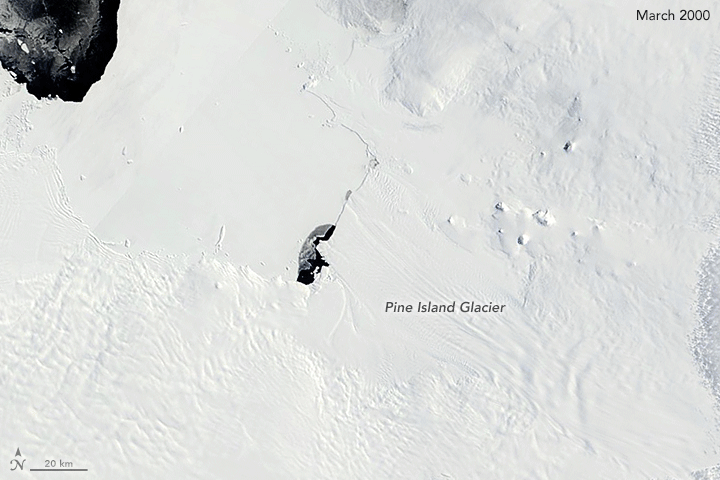 Deux décennies de mouvements de glace sur le Pine Island Glacier, dans l’ouest de l’Antarctique. © Lauren Dauphin, NASA Earth Observatory