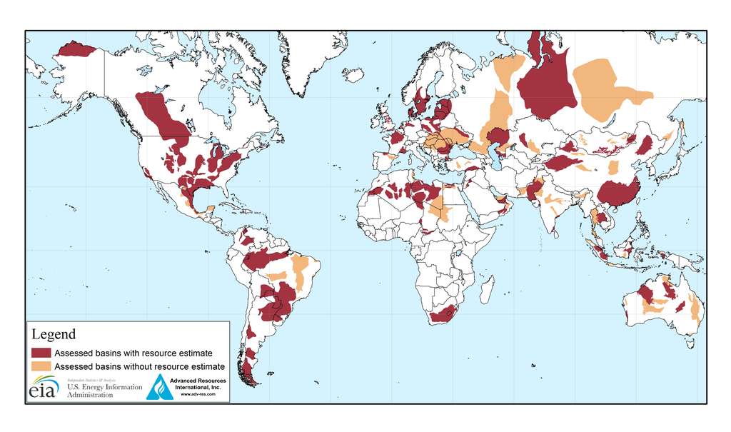 Répartition mondiale des grands bassins de gaz de schiste. En rouge, les bassins évalués avec des ressources avérées et en jaune, les bassins évalués avec des ressources supposées. En France, les réserves potentielles s’élèveraient à quelque 3.900 milliards de m3. © US Energy Information Administration, Domaine public, septembre 2015