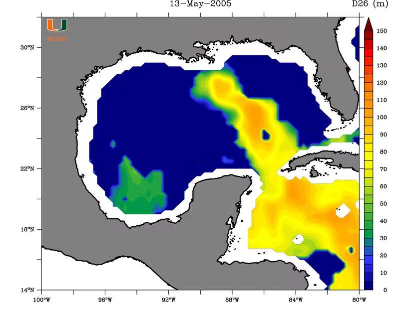 En orange, le Loop Current de mai 2005 dans le golfe du Mexique ; en gris, les terres. © Université de Miami