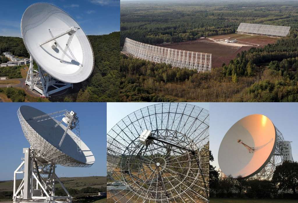 Les cinq principaux radiotélescopes européens. En haut de gauche à droite : radiotélescope d’Effelsberg (Allemagne) et radiotélescope de Nancay (France), et en bas, de gauche à droite : radiotélescope de Sardaigne (Italie), radiotélescope de synthèse de Westerbork (Pays-Bas) et télescope Lovell, Royaume-Uni. © Norbert Tacken/MPIfR (Effelsberg), Letourneur/Observatoire de Paris – PSL (Nançay), Anthony Holloway (Jodrell Bank), ASTRON (WSRT), Gianni Alvito/INAF (SRT)