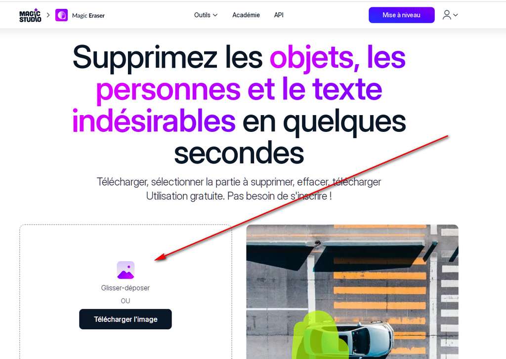 La page d’accueil de Magic Eraser et la zone de réception d’une image. © Magix Studio