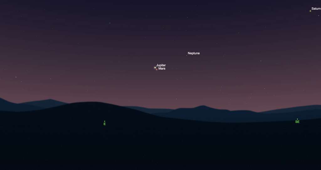 Mars est au plus près de Jupiter (visuellement) le 29 mai à l'aube. © SkySafari