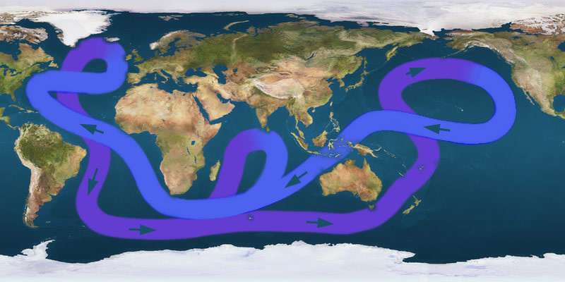 La circulation thermohaline mondiale est un couplage de plusieurs cellules de convection océanique et participe à la redistribution de la chaleur. Lorsque l'océan est plus chaud, la circulation océanique est complètement modifiée. À quoi ressemblera donc la circulation thermohaline à la fin du XXIe siècle ? © cc by sa 3.0, Wikipédia