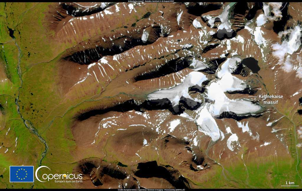 Le glacier Kebnekaise, en Suède, photographié par la sonde Sentinel-3A, est menacé de disparition en raison du réchauffement climatique. © Copernicus