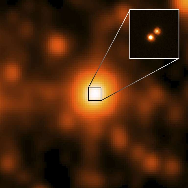 L'image principale est celle de Wise J104915.57-531906. Un zoom avec les meilleurs instruments du télescope Gemini est visible en haut à droite. La résolution plus élevée a permis de séparer les images de deux astres, des naines brunes froides. © Nasa, JPL, Gemini Observatory, Aura, NSF