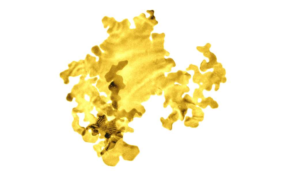 Une représentation colorée de la nanofeuille d’or (en réalité celle-ci est de couleur verte). © Université de Leeds