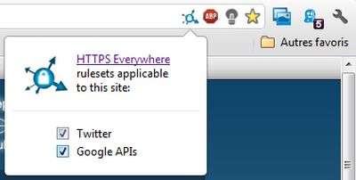 L’icône HTTPS Everywhere dans la barre d’adresse de Google Chrome permet de vérifier que toutes les API supportées passent bien par un chemin sécurisé. Pour des raisons de temps de téléchargement, vous pouvez choisir de désactiver le support HTTPS d’un élément particulier. © Guénaël Pépin