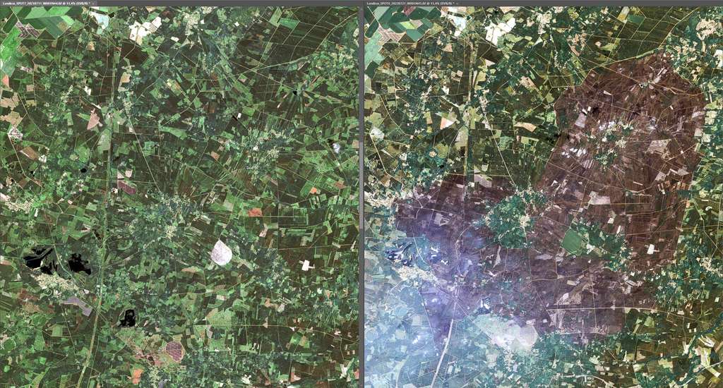 Deux images prises par le satellite Spot 6 avant-après de Landiras. Celle de gauche a été acquise le 11 juillet 2021 et celle de droite, un an plus tard le 21 juillet 2022. © Airbus DS 2022