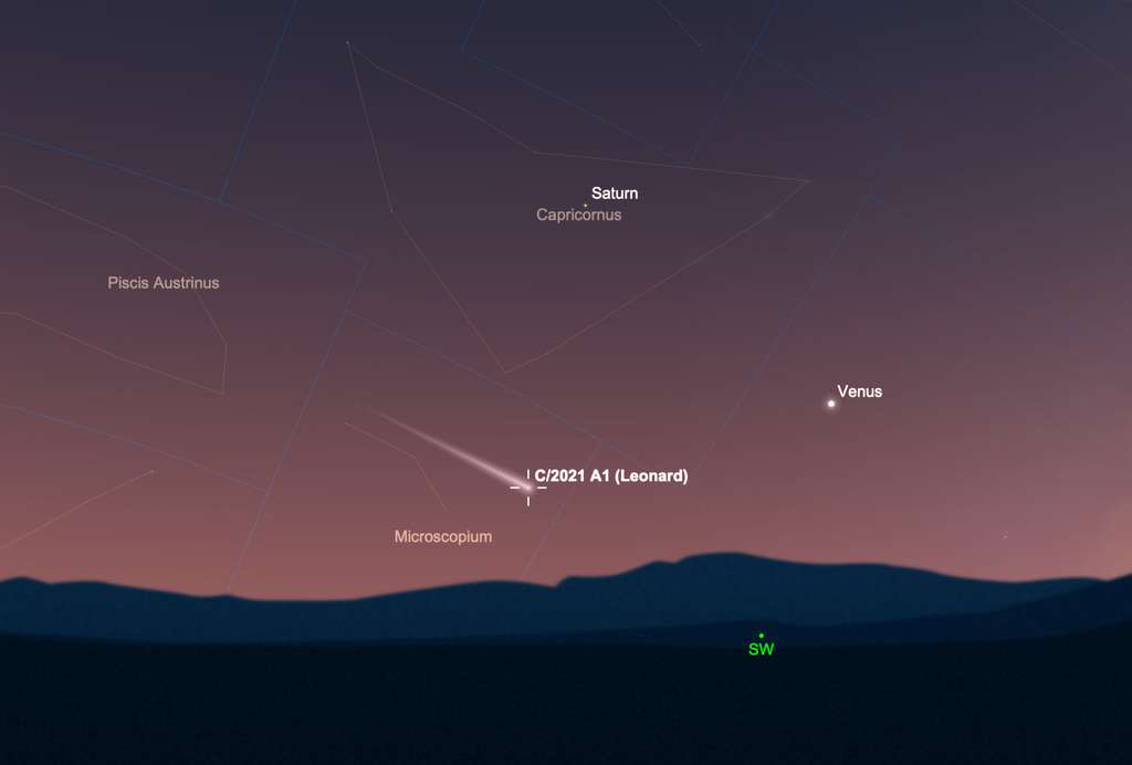 Position de la comète Leonard le 21 décembre vers 18 h, une heure après le coucher du Soleil. © SkySafari