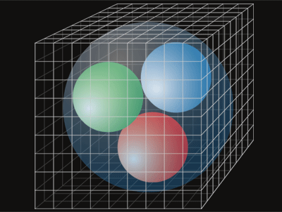 Une représentation d'artiste d'un proton avec ses trois quarks sur un réseau d'espace-temps. © High Energy Accelerator Research Organization, Kek